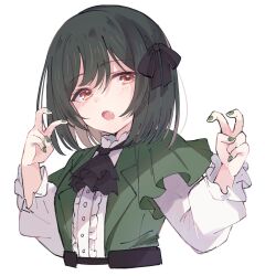 Rule 34 | 1girl, ascot, black ascot, black hair, black ribbon, cropped torso, fang, green jacket, green nails, hair ribbon, highres, jacket, koufukuron (love live!), long sleeves, looking at viewer, love live!, love live! nijigasaki high school idol club, mifune shioriko, notyu maru, open mouth, red eyes, ribbon, shirt, short hair, solo, upper body, white background, white shirt