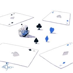 1other ace_(playing_card) ace_of_clubs ace_of_diamonds ace_of_hearts ace_of_spades animate_object artist_name backpack bag blue_jacket card club_(shape) commentary diamond_(shape) hands_on_own_knees heart helmet highres jacket kazunoko_(kazunoko_zunoco) original playing_card radio_antenna shadow signature simple_background sitting space_helmet spade_(shape) white_background
