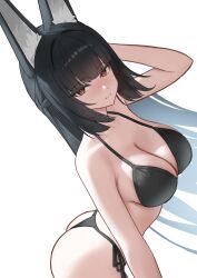 1girl absurdres alternate_costume animal_ears arm_up ass bare_shoulders bikini black_bikini black_hair blush breasts bright_pupils cleavage closed_mouth commentary_request cowboy_shot fox_ears fox_girl from_side halterneck highres hoshimi_miyabi korean_commentary long_hair looking_at_viewer medium_breasts myumyu431 orange_eyes side-tie_bikini_bottom sideboob simple_background solo swimsuit thong_bikini white_background white_pupils zenless_zone_zero