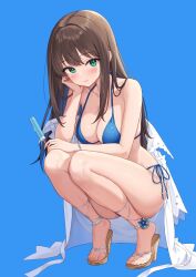 1girl ankle_lace-up bikini blue_background blue_bikini bracelet breasts brown_hair cleavage curvy food green_eyes halterneck hamahama head_on_hand high_heels highres holding holding_food holding_popsicle idolmaster idolmaster_cinderella_girls jewelry large_breasts light_blush long_hair looking_at_viewer off-shoulder_shirt off_shoulder open_clothes open_shirt popsicle sandals shibuya_rin shirt side-tie_bikini_bottom simple_background smile solo squatting string_bikini swimsuit thick_thighs thighs white_shirt