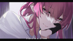 Rule 34 | 1girl, artist name, black gloves, close-up, closed mouth, film grain, gloves, hand on own face, head rest, honkai: star rail, honkai (series), kafka (honkai: star rail), letterboxed, long hair, looking at viewer, missing commentary, purple eyes, purple hair, smile, solo, srpzk