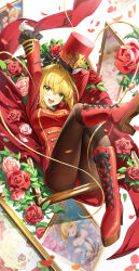 1girl absurdres black_pantyhose blonde_hair blush boots breasts chinese_commentary commentary_request eyebrows_hidden_by_hair fate/grand_order fate_(series) flower gloves green_eyes hat highres kishinami_hakuno_(female) large_breasts long_sleeves looking_at_viewer nero_claudius_(bride)_(fate) nero_claudius_(bride)_(third_ascension)_(fate) nero_claudius_(fate) nero_claudius_(wada_arco_exhibition)_(fate) open_mouth pantyhose red_boots rose shenqi_xiao_hong_zai_nali solo white_gloves