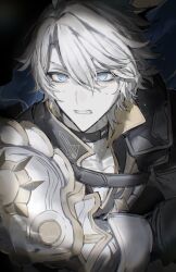 Rule 34 | 1boy, armor, black choker, black shirt, blue eyes, choker, clenched teeth, coat, hashtag-only commentary, highres, honkai: star rail, honkai (series), kashiko 0911, male focus, parted bangs, pauldrons, phainon (honkai: star rail), shirt, short hair, shoulder armor, single pauldron, solo, spotlight, sweat, teeth, white coat, white hair