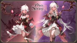 Rule 34 | aged down, aged up, amulet, boots, bridal gauntlets, cape, dress, gem, gloves, hair ornament, highres, jewelry, long hair, mage staff, medium hair, non-web source, official art, pieberry (witch springs), promotional art, ring, smile, very long ears, very long hair, white gloves, white hair, witch springs