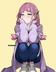 1girl bob_cut coat frown full_body hair_ornament hands_on_own_cheeks hands_on_own_face lacey_(pokemon) long_hair looking_at_viewer nintendo otimusyairoha pants pink_hair pokemon pokemon_sv shoes sneakers solo squatting squinting yellow_background