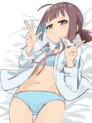 1girl aged_down ahoge blue_hair blue_panties blue_pants blush brown_hair closed_mouth collarbone crotch_seam double_v female_focus flat_chest hozuki_momiji kanno_(kan_save) legs loli long_sleeves looking_at_viewer medium_hair multicolored_hair navel neck_ribbon on_bed onii-chan_wa_oshimai! open_clothes open_shirt panties pants pink_eyes red_ribbon ribbon shadow shirt solo streaked_hair underwear underwear_only undone_neck_ribbon v white_shirt