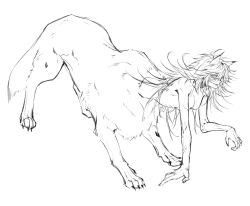 1girl animal_ears bent_over centauroid commentary full_body highres lappland_(arknights) lineart long_hair m10_(lycos_zzz) monster_girl original simple_background slit_pupils solo symbol-only_commentary taur very_long_hair white_background wolf_ears wolf_girl