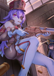2girls absurdres antique_firearm balcony bare_shoulders black_pantyhose bullet bullet_hole bullet_in_mouth chevreuse_(genshin_impact) commentary_request detached_collar detached_sleeves earmuffs earmuffs_around_neck eyepatch fall4592 firearm firefight firing genshin_impact gloves gold_trim gun hair_between_eyes hat highres holding holding_gun holding_weapon indoors long_hair looking_to_the_side mouth_hold multicolored_hair multiple_girls no_eyes no_mole open_mouth pantyhose pointy_hair projectile_trail puffy_detached_sleeves puffy_sleeves purple_eyes purple_hair railing shaded_face shako_cap shell_casing short_hair sidelocks streaked_hair teeth torn_clothes torn_pantyhose two-tone_hair under_fire upper_teeth_only variations weapon white_gloves