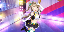 1girl :d anime_coloring arm_up bare_shoulders belt black_skirt blunt_bangs blush bow bowtie breasts brown_hair collarbone cropped_jacket detached_collar earrings elbow_gloves fence flag frilled_skirt frilled_sleeves frills from_above gloves green_belt green_bow green_bowtie hair_bow hair_ornament hairclip hand_on_own_head heart heart_earrings highres idol_clothes jewelry layered_skirt leg_up long_hair looking_at_viewer love_live! love_live!_school_idol_festival_all_stars love_live!_school_idol_project midriff minami_kotori navel no_brand_girls official_alternate_costume official_art one_side_up open_hand open_mouth outdoors puddle rain reflection reflective_floor ribbon-trimmed_thighhighs ribbon_trim rooftop skirt smile solo stage stage_lights standing standing_on_one_leg teeth thighhighs tile_floor tiles upper_teeth_only water water_drop white_gloves white_thighhighs yellow_eyes