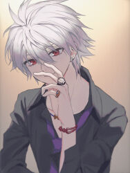 1boy black_shirt bracelet brown_background closed_mouth collared_shirt commentary_request earrings grey_hair hair_between_eyes hand_on_own_face highres jewelry looking_at_viewer male_focus multiple_rings nagisa_kaworu necktie neon_genesis_evangelion purple_necktie red_eyes ring shirt short_hair skull_earrings smile solo upper_body yumeme_818