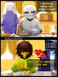 1boy 1other 2girls anger_vein angry artist_name bloodshot_eyes blurry blurry_background brown_hair butter cereal_box commentary deltarune dress english_commentary english_text food fork furry furry_female glaring heart highres jacket kitchen kris_(deltarune) medium_hair microwave mmiklshaek multiple_girls pancake plate pointing red_eyes sans_(undertale) shirt short_hair skeleton smile smug striped_clothes susie_(deltarune) syrup t-shirt table temmie toriel twitter_username