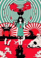 1girl black_hair chupacabra commentary_request crazy_smile heart_(organ) highres hitodama holding holding_syringe horns hyottoko_mask limited_palette lizard_tail long_hair red_eyes shirt shorts single_horn smile sunburst surreal syringe syringe_holster tail tenkajin_chiyari torii touhou wading water wide-eyed yamada_satoshi