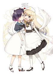 Rule 34 | 2girls, azur lane, bell, black footwear, blonde hair, blue eyes, blue sailor collar, blush, cleavage cutout, closed mouth, clothing cutout, cosplay, costume switch, crossover, dress, elbow gloves, full body, gloves, hair over one eye, hat, heart, high heels, highres, historical name connection, jervis (azur lane), jervis (azur lane) (cosplay), jervis (kancolle), jervis (kancolle) (cosplay), kantai collection, long hair, minase (takaoka nanase), multiple girls, name connection, neck bell, nurse cap, open mouth, pantyhose, puffy short sleeves, puffy sleeves, purple eyes, purple hair, sailor collar, sailor dress, sailor hat, short hair, short sleeves, simple background, smile, socks, white background, white dress, white gloves, white headwear, white pantyhose, white socks