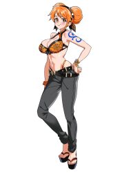 1girl alternate_costume alternate_hairstyle armpit_peek bangle bare_shoulders belt belt_buckle bikini black_bikini black_hairband black_trim blush bracelet breasts brown_eyes buckle cleavage closed_mouth criss-cross_halter denim double_bun feet floral_print floral_print_bikini full_body grey_pants hair_bun hairband halterneck hand_on_own_hip highleg highleg_bikini highres jeans jewelry large_breasts log_pose long_hair looking_at_viewer multicolored_bikini nami_(one_piece) navel okobo one_piece orange_bikini orange_hair orange_scrunchie pants platform_sandals print_bikini rita_ya sandals scrunchie shoulder_tattoo single_sidelock smile solo stomach swimsuit tattoo three_quarter_view toes two-tone_bikini white_background wrist_scrunchie