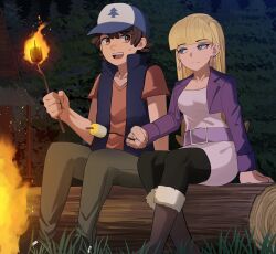 1boy 1girl baseball_cap blonde_hair blue_eyes blunt_bangs boots brown_eyes brown_hair commentary dipper_pines earrings embers english_commentary fire food grass gravity_falls hat highres holding holding_stick jewelry jourd4n log long_hair looking_at_another makeup marshmallow night open_mouth pacifica_northwest pants s&#039;more shirt short_hair side-by-side sideways_glance sitting_on_log stick sweatdrop sweater teeth upper_teeth_only