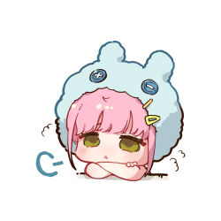 Rule 34 | 1girl, :&lt;, animal hat, artist request, chibi, chibi only, chinese commentary, crossed arms, girls&#039; frontline, girls&#039; frontline neural cloud, green eyes, hat, head rest, official art, pink hair, puff of air, rabbit hat, second-party source, solo, taisch (neural cloud)