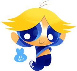 1boy antenna_hair bad_link black_pants black_shoes blonde_hair blue_eyes blue_shirt boomer_(ppg) child hands_up jumping long_sleeves looking_down looking_to_the_side male_focus pants parted_bangs powerpuff_girls shirt shoes smile sneakers solo striped_clothes striped_shirt toon_(style) white_background white_shoes yunomi_(bearleaf)