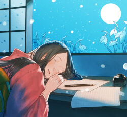 1girl desk flower full_moon inkwell japanese_clothes kanai_(nai_nai) kimono long_hair moon night open_window original paper pen sitting sleeping solo upper_body window