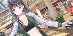 Rule 34 | 1girl, 6+others, black hair, black sports bra, blue eyes, blue reflection (series), blue reflection sun, blunt ends, breasts, brown jacket, ceiling light, cleavage, closed mouth, collarbone, dutch angle, game cg, green jacket, hanging plant, highres, indoors, ivy, jacket, kishida mel, large breasts, light smile, long hair, long sleeves, looking at viewer, mall, multicolored jacket, multiple others, non-web source, official art, open clothes, open jacket, plant, potted plant, railing, sign, skylight, solo focus, sports bra, stomach, straight hair, white jacket, xiao meiqi