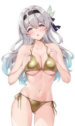 1girl absurdres alternate_costume bikini black_hairband blush breasts colored_tips commentary firefly_(honkai:_star_rail) gold_bikini golden_week_bikini grey_hair hairband highres honkai:_star_rail honkai_(series) large_breasts long_hair looking_at_viewer matrix16 multicolored_hair navel purple_eyes side-tie_bikini_bottom simple_background solo stomach swimsuit