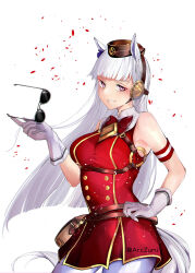1girl animal_ears arczumi bare_shoulders blunt_bangs breasts brown_hat commentary contrapposto cowboy_shot dress elbow_gloves falling_petals framed_breasts gloves gold_ship_(umamusume) grin hand_on_own_hip hat highres holding holding_removed_eyewear horse_ears horse_girl horse_tail long_hair looking_at_viewer medium_breasts o-ring pantyhose petals pillbox_hat pink_eyes pleated_dress red_dress short_dress simple_background sleeveless sleeveless_dress smile solo standing strap sunglasses tail umamusume unworn_eyewear watermark white_background white_gloves white_hair white_pantyhose white_tail