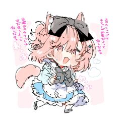 1girl :3 animal_ears black_bow black_bowtie blue_dress bow bowtie braid brown_hair dress hair_bow half_up_braid highres kemonomimi_mode kino_himari open_mouth sasayaku_you_ni_koi_wo_utau short_hair simple_background solo sweatdrop takeshima_eku translation_request white_background