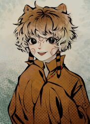 1boy aei_(wangshengfu02988) animal_ears black_eyes blonde_hair chinese_commentary commentary_request facial_mark facial_tattoo ferret_boy ferret_ears highres huang_xiaoliu long_sleeves male_focus mark_between_eyes open_mouth shirt short_hair sleeves_past_fingers sleeves_past_wrists smile solo tattoo upper_body xieshen_dawutai yellow_shirt