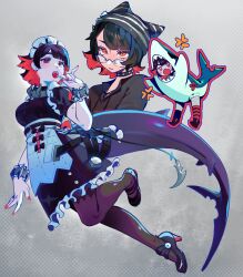 1girl anger_vein animal_costume apron black_choker black_dress black_hair black_shirt chibi choker colored_inner_hair dress ellen_joe fins fish_tail glass hairband high_heels highres lollipop_in_mouth maid maid_apron maid_headdress metal_hairband multicolored_hair red_eyes shark_costume shark_girl shark_tail shirt short_hair tail thighhighs white_apron zambiie zenless_zone_zero zettai_ryouiki