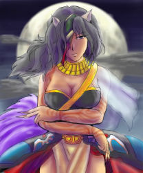 1girl animal_ears breasts claws cleavage cloud crossed_arms eyepatch female_focus fire_emblem fire_emblem:_radiant_dawn grey_hair laguz_(race) lips long_hair moon nailah_(fire_emblem) nintendo outdoors purple_eyes queen sky solo tattoo wolf_ears