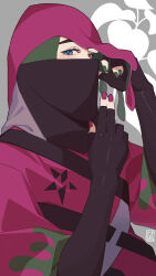 Rule 34 | 1boy, atticus (pokemon), blue eyes, commentary request, elbow gloves, eyelashes, fingerless gloves, gloves, green nails, grey background, hands up, highres, male focus, nail polish, nintendo, pokemon, pokemon sv, purple nails, solo, star (symbol), star print, strap, team star, tokiba nagamu, upper body