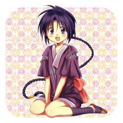 Rule 34 | 1girl, blue hair, blush, braid, female focus, full body, happy, long hair, makimachi misao, mappou, open mouth, pink ribbon, ribbon, rurouni kenshin, sandals, shirt, shorts, single braid, sitting, solo, very long hair