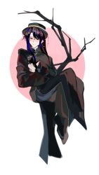 1boy :3 absurdres animal animalization beads black_coat black_eyes black_gloves black_hair black_hat black_pants black_shoes branch cat chinese_commentary closed_mouth coat commentary_request gloves hat highres holding holding_animal huai_yunqing invisible_chair long_hair long_sleeves male_focus mandarin_collar pants pink-tinted_eyewear qidie71582 rimless_eyewear round_eyewear shoes side_slit sitting smile tinted_eyewear touqi_guaitan ziche_fuzhao