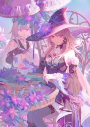 2girls bare_shoulders black_dress chair choker closed_mouth cup detached_sleeves dress flower hat herta_(honkai:_star_rail) highres holding holding_cup honkai:_star_rail honkai_(series) long_hair long_sleeves looking_at_viewer multiple_girls pink_hair purple_eyes purple_flower ria_(yfvv_ria) sitting smile table teacup teapot the_herta_(honkai:_star_rail) thighhighs umbrella witch witch_hat
