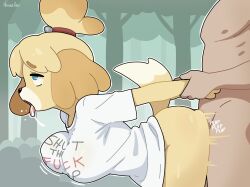 1boy 1girl :o animal_crossing animal_ears artist_name bent_over blonde_hair bottomless breasts dog_ears dog_girl dog_tail english_text forest fruithead furry furry_female furry_with_non-furry hetero highres interspecies isabelle_(animal_crossing) large_breasts nature nintendo outdoors sex sex_from_behind shirt short_hair short_sleeves standing standing_sex t-shirt tail tongue tongue_out tree white_shirt