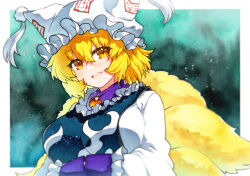 1girl animal_ears blonde_hair blurry border breasts brooch fang fox_ears fox_tail frilled_shirt_collar frilled_sleeves frills hands_in_opposite_sleeves hat highres jewelry kitsune kyuubi large_breasts light_blush light_particles long_sleeves mob_cap multiple_tails ofuda ofuda_on_clothes open_mouth orange_brooch outside_border pom_pom_(clothes) rinka_(qqqrinkappp) short_hair skin_fang solo tabard tail touhou traditional_media upper_body white_border white_hat yakumo_ran yellow_eyes