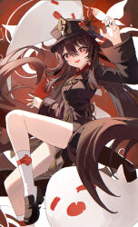 1girl absurdres black_shoes boo_tao_(genshin_impact) bright_pupils brown_hair floating_hair flower-shaped_pupils genshin_impact ghost hair_between_eyes highres hu_tao_(genshin_impact) jewelry kneehighs long_hair long_sleeves looking_at_viewer multiple_rings open_mouth red_eyes ring shoes shorts simple_background smile socks solo symbol-shaped_pupils very_long_hair white_pupils white_socks wuzhihuijia