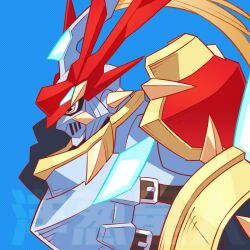 1boy armor blue_background blue_eyes digimon digimon_(creature) digimon_focus digimon_tamers digital_monster_x-evolution dukemon dukemon_x-antibody highres knight male_focus onion_maru polka_dot polka_dot_background simple_background solo upper_body watermark white_armor