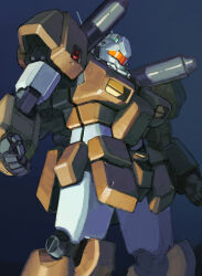 Rule 34 | absurdres, assault visor, blue background, clenched hands, commentary, dangodes, english commentary, feet out of frame, from side, gm cannon ii, gundam, gundam 0083, highres, mecha, mecha focus, mobile suit, no humans, orange visor, radio antenna, robot, science fiction, shoulder cannon, solo, standing