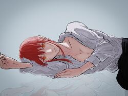 Rule 34 | 1girl, black pants, breasts, chainsaw man, cleavage, highres, large breasts, looking at viewer, lying, makima (chainsaw man), nabe92213, on side, pants, parted lips, red eyes, reflective floor, ringed eyes, shirt, solo, white shirt, yellow eyes