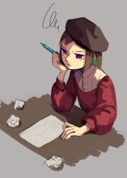 1boy arm_on_table beret between_fingers black_hat brown_hair buttons closed_mouth collared_shirt colored_inner_hair colored_pencil colored_pencils_(paper_mario) commentary_request cropped_torso crumpled_paper dress_shirt elbow_on_table eyelashes frustrated furrowed_brow grey_background hand_on_own_cheek hand_on_own_face hat highres holding holding_pencil long_sleeves male_focus mario_(series) medium_hair multicolored_eyes multicolored_hair mumumu57hiro nintendo paper paper_mario paper_mario:_the_origami_king pencil personification puffy_long_sleeves puffy_sleeves red_tunic shirt simple_background solo squiggle thinking tunic white_shirt