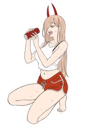 1girl absurdres blonde_hair breasts chainsaw_man commentary_request demon_girl demon_horns dolphin_shorts hair_over_one_eye highres horns kira_natto large_breasts long_hair navel power_(chainsaw_man) red_horns red_shorts short_shorts shorts solo sweat tank_top tongue tongue_out white_tank_top yellow_eyes
