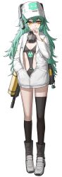 Rule 34 | 1girl, absurdres, antonina (neural cloud), asymmetrical legwear, black one-piece swimsuit, black socks, black thighhighs, boots, breasts, cheogtanbyeong, clenched hand, girls&#039; frontline, girls&#039; frontline neural cloud, green hair, grey boots, hand in pocket, hand up, hat, headphones, highres, jacket, long hair, long sleeves, mask, mouth mask, one-piece swimsuit, open clothes, open jacket, skull, small breasts, socks, solo, swimsuit, thighhighs, water gun, white hat, white jacket, yellow eyes