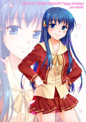 Rule 34 | 1girl, amasawa ikumi, artist name, blue eyes, blue hair, blush, closed mouth, dated, falling petals, hair between eyes, hair ornament, hands on own hips, happy birthday, jacket, long hair, looking to the side, misaki juri, moon (game), petals, red jacket, red skirt, ribbon, sailor collar, school uniform, shirt, skirt, smile, yellow ribbon, yellow sailor collar, yellow shirt