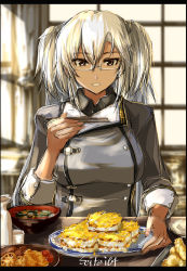 1girl border breasts dark-skinned_female dark_skin food food_focus highres kantai_collection long_sleeves looking_at_viewer meal medium_breasts military military_uniform musashi_(kancolle) musashi_kai_ni_(kancolle) seitei_(04seitei) short_hair sketch solo twintails upper_body white_hair