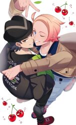 2boys arm_up black_hair black_hat blue_eyes brown_eyes brown_jacket cherry commentary_request food from_above fruit grin hat highres jacket long_sleeves male_focus mocacoffee_1001 multiple_boys nintendo one_eye_closed pants paxton_(pokemon) pokemon pokemon_legends:_z-a red_shoes shirt shoes short_hair signature smile teeth urbain_(pokemon) v white_shirt
