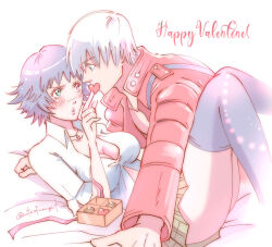 1boy 1girl allie_(united_f) artist_name black_hair black_thighhighs blue_eyes breasts cleavage coat dante_(devil_may_cry) devil_may_cry devil_may_cry_(series) devil_may_cry_3 green_eyes happy_valentine heart heterochromia lady_(devil_may_cry) red_coat red_eyes shirt simple_background skirt thighhighs white_background white_hair white_shirt
