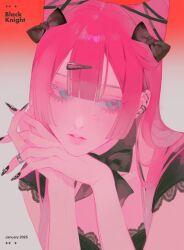 1girl black_choker black_dress black_ribbon choker dress earrings fingernails hair_ornament hairpin jewelry long_fingernails long_hair original oxi206 pink_eyes pink_hair ribbon solo