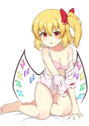 Rule 34 | 1girl, akasaka sato, blonde hair, blush, bottomless, bow, bra, breasts, collarbone, flandre scarlet, hair bow, highres, looking at viewer, nipple slip, nipples, no panties, open mouth, pink bra, red hair, shirt, side ponytail, simple background, small breasts, solo, touhou, underwear, white background, white shirt, wings
