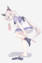 1girl animal_ears barefoot blue_eyes blush curren_chan_(umamusume) feet highres horse_ears horse_girl horse_tail looking_at_viewer medium_hair socks tail toes tofu_thunder translated umamusume unworn_socks white_hair