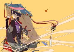 1boy absurdres armor black_hat black_kimono black_mask black_sleeves blunt_ends falling_leaves fingernails furisode genshin_impact gold gold_trim grey_veil han&#039;eri hand_up hat highres holding holding_leaf japanese_armor japanese_clothes jingasa kimono kote kurattes kurokote layered_kimono layered_sleeves leaf looking_at_viewer looking_back male_focus mask_on_hat o-ring purple_bag purple_eyes purple_hair purple_sash purple_sleeves red_hat red_kimono red_sash sash scaramouche_(genshin_impact) see-through_clothes see-through_veil short_sleeves solo tassel two-tone_hat veil white_kimono white_trim wind yellow_background